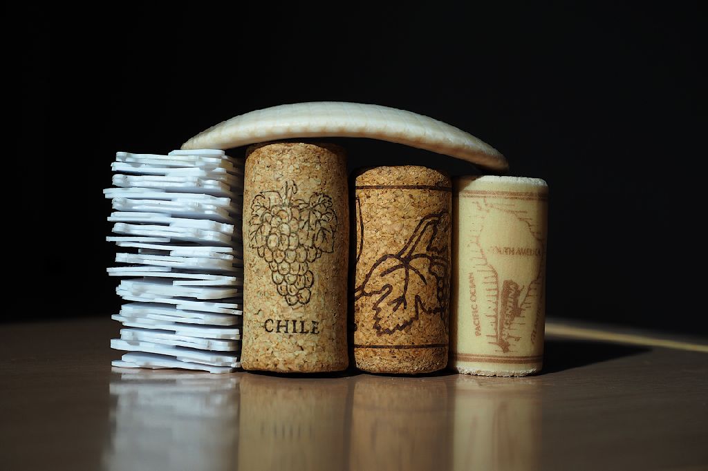 bread bag clips stack beside wine corks, under a seashell