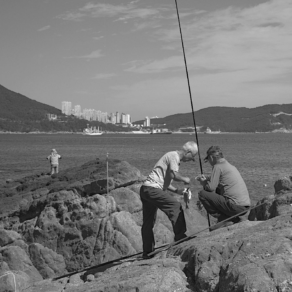 men examining a newly caught fish